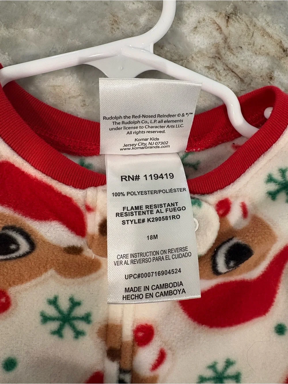 Kids Plush Footed One-Piece Pajamas - Red & Cream Reindeer Print